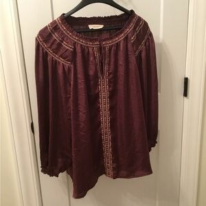 Lucky Brand Burgundy Blouse with Embroidered Details